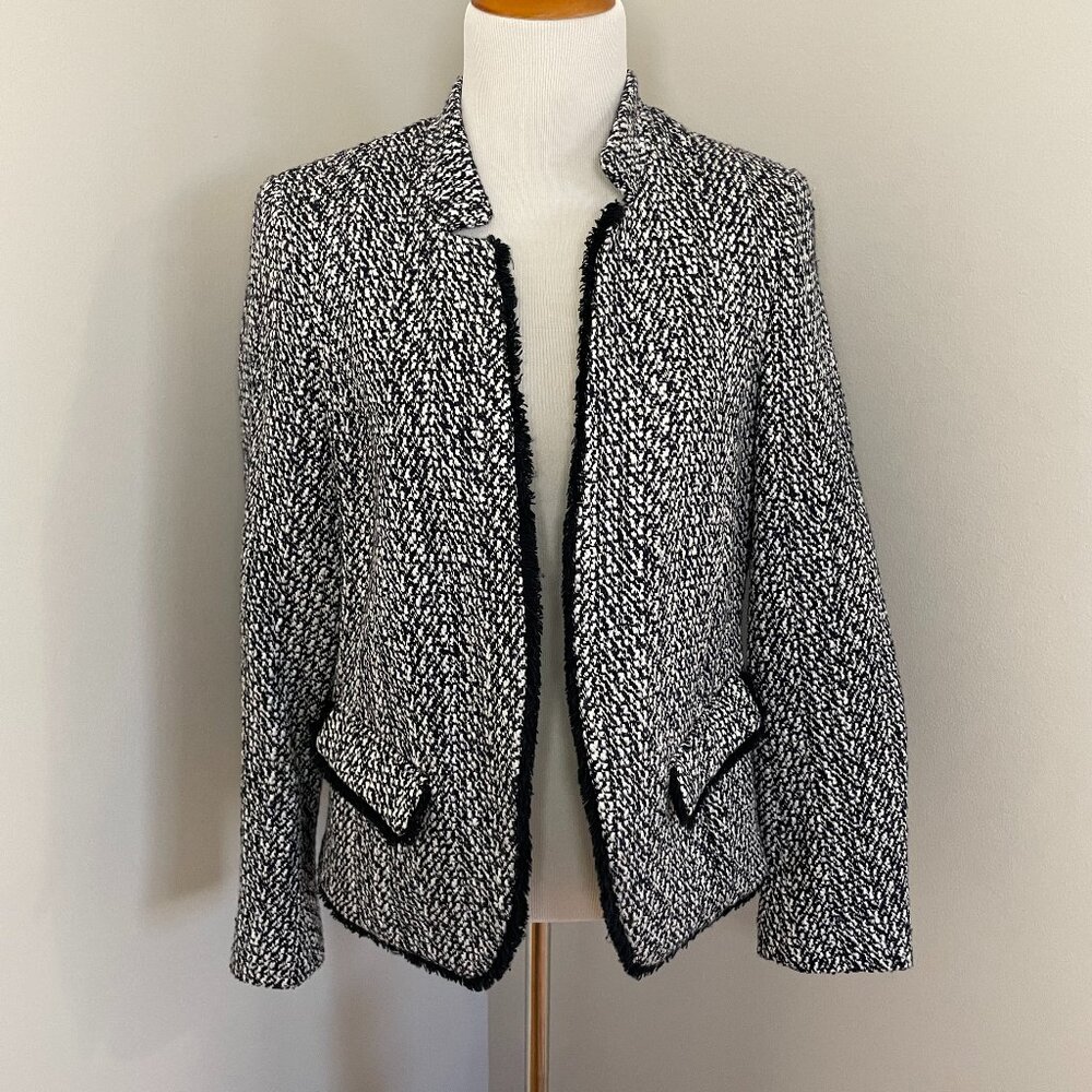 Helene Women’s Navy/Black/White Fringe Hem Knit Blazer Jacket Size